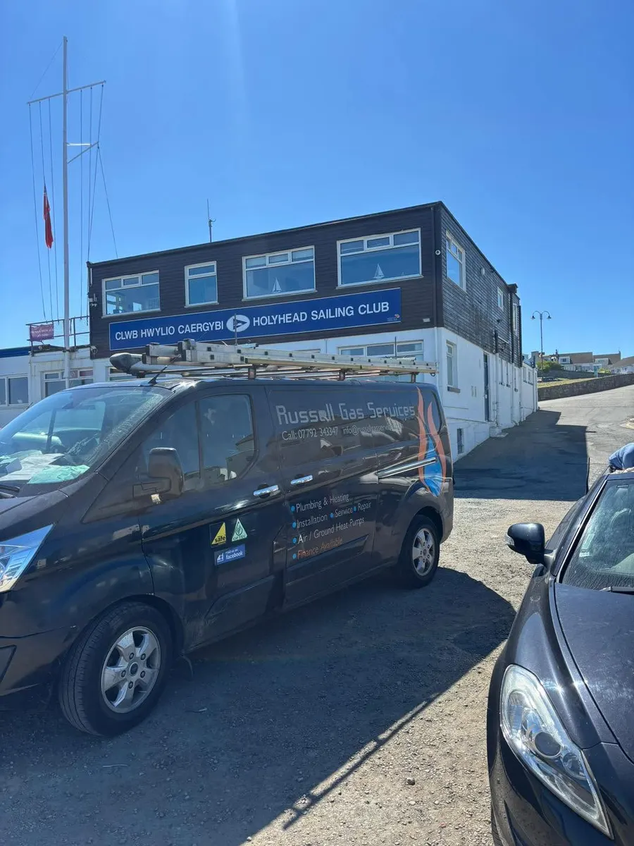 Russell Gas Services van parked outside Holyhead Sailing Club on Anglesey